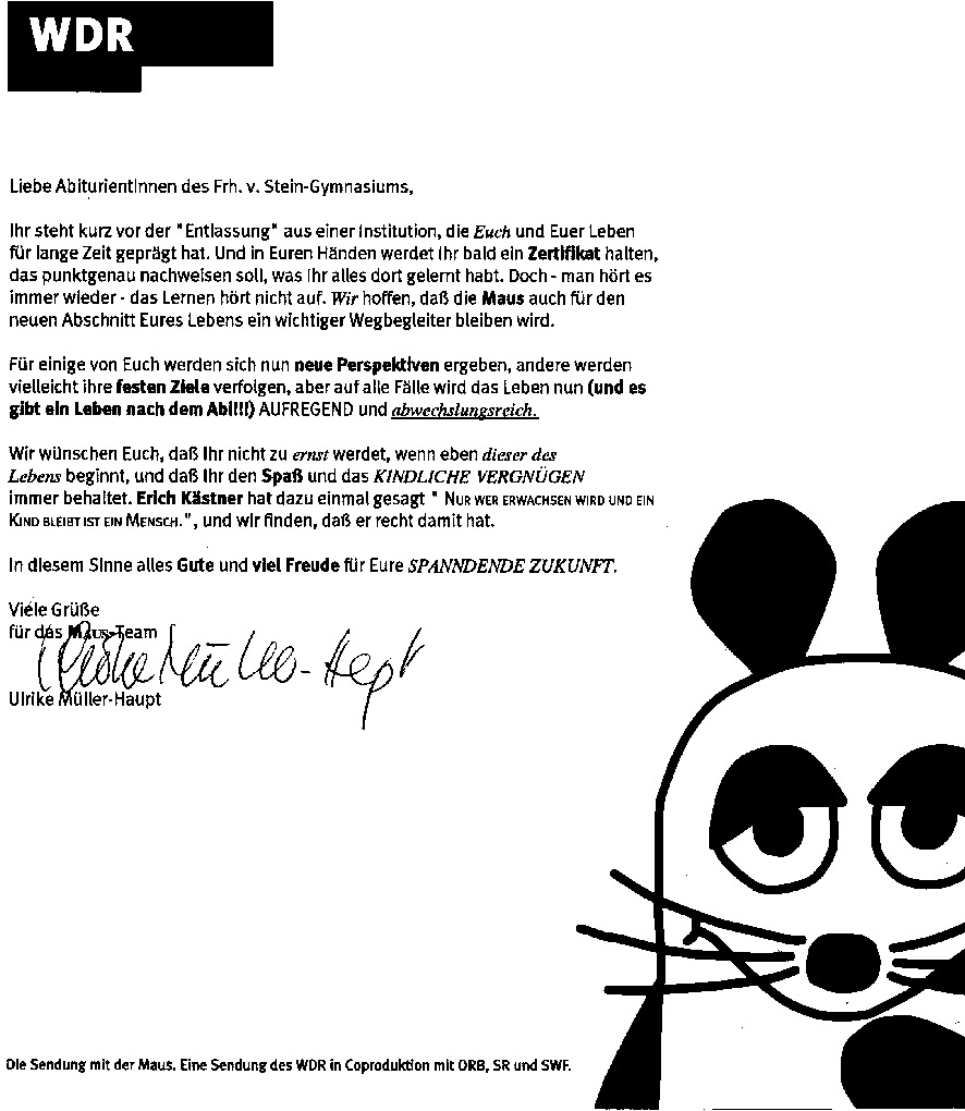 Gl&uuml;ckwunschschreiben von der Sendung mit der Maus