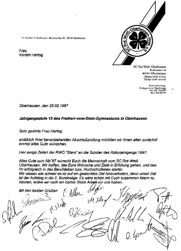 Gl&uuml;ckwunschschreiben von Rot Wei&szlig; Oberhausen